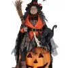 Halloween Hexe Mit Leuchtendem Kürbis & Katze 68cm